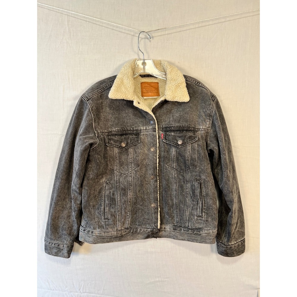 Levis Premium Mens Type III Sherpa Trucker Jacket Black Acid Wash Denim Medium